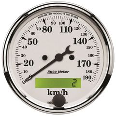 Autometer Gauge, Speedometer, 3 1/8", 190Km/H, Elec. Prog. W/ Lcd Odo, Old Tyme White