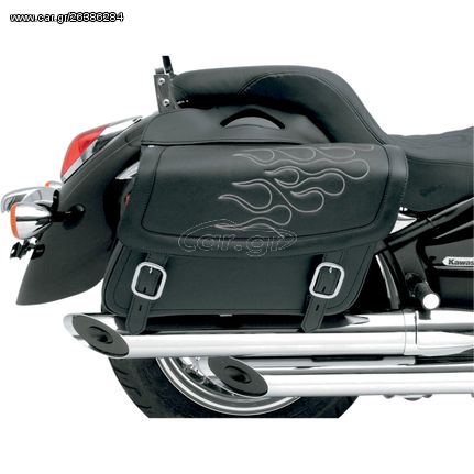 ΒΑΛΙΤΣΕΣ SADDLEBAG 3D EMBROIDERED FLAME DESIGN UNIVERSAL SYNTHETIC LEATHER BLACK/ SILVER LARGE