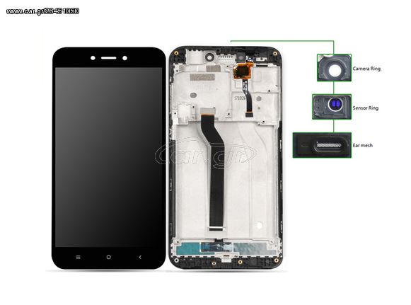 LCD για Xiaomi Redmi 5A, Camera-Sensor ring, ear mesh, με frame, Black