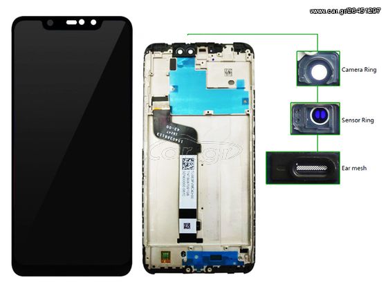 LCD για Xiaomi Note 6 Pro, Camera-Sensor ring, ear mesh, frame, μαύρη