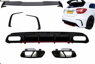BODY KIT Rear Diffuser & Exhaust Muffler Tips Black with Splitters Fins and Roof Boot Spoiler MERCEDES A-Class W176 (2012-2018) A45 AMG Facelift Design Red Edition.