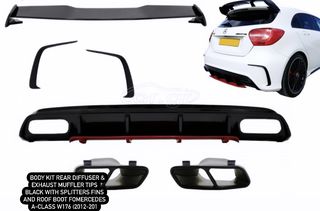 BODY KIT Rear Diffuser & Exhaust Muffler Tips Black  with Splitters Fins and Roof Boot Spoiler MERCEDES A-Class W176 (2012-2018) A45 AMG Facelift Design Red Edition.  