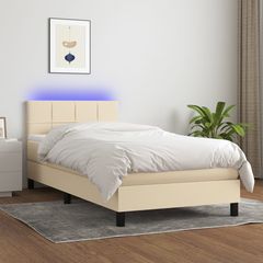 Κρεβάτι Boxspring με Στρώμα & LED Κρεμ 90x200 εκ. Υφασμάτινο - Κρεμ - 90 x 200 cm