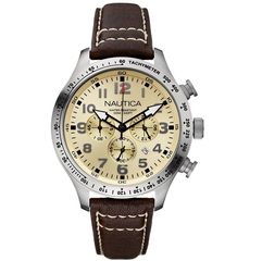 Ρολόι ανδρικό Nautica A15537G Chronograph με δερμάτινο λουρί και μπεζ καντράν