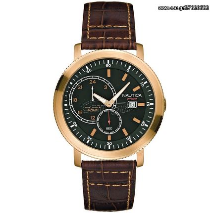 Ρολόι ανδρικό Nautica Classic A15592G με δερμάτινο λουρί και μαύρο καντράν