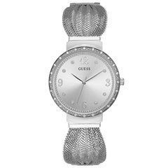 Ρολόι γυναικείο Guess Crystals W1083L1 με ιδιαίτερο μπρασελέ και ασημί καντράν