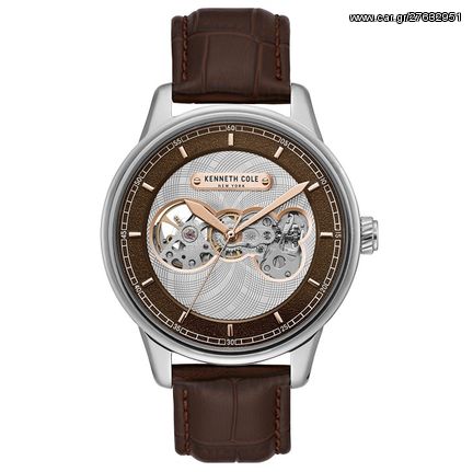 Ρολόι ανδρικό Kenneth Cole Automatic KC51020001 με δερμάτινο λουρί και ασημί Open καντράν