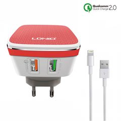 Διπλός ταχυφορτιστής USB 220V LDNIO A2405Q Quick Charge 2.0 + Lighting Cable