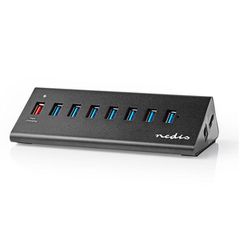 USB 3.0 Hub 7 θυρών + 1 θύρα QC3.0 με τροφοδοτικό σε μαύρο χρώμα.