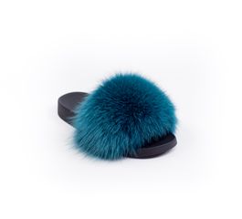 Haute Acorn - Cyan Fox Fur Slides