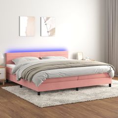 Κρεβάτι Boxspring με Στρώμα & LED Ροζ 200x200 εκ. Βελούδινο - Ροζ - 200 x 200 cm