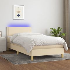 Κρεβάτι Boxspring με Στρώμα & LED Κρεμ 100x200 εκ. Υφασμάτινο - Κρεμ - 100 x 200 cm