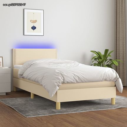 Κρεβάτι Boxspring με Στρώμα & LED Κρεμ 100x200 εκ. Υφασμάτινο - Κρεμ - 100 x 200 cm