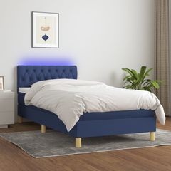 Κρεβάτι Boxspring με Στρώμα & LED Μπλε 90x200 εκ. Υφασμάτινο - Μπλε - 90 x 200 cm