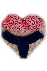 Chic Mustache Print Push Up Bandeau Bathing Suit