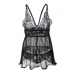 Ημιδιαφανές Plus Size μαύρο Babydoll με στρινγκ-thumb-4