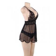 Ημιδιαφανές Plus Size μαύρο Babydoll με στρινγκ-thumb-2