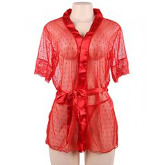 Plus Size Red Mesh Kimono with String-thumb-8