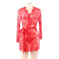 Plus Size Floral Lace Kimono with String Red-thumb-1