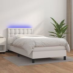 Κρεβάτι Boxspring με Στρώμα & LED Λευκό 90x200 εκ. Συνθ. Δέρμα - Λευκό - 90 x 200 cm