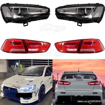 ΣΕΤ ΦΑΝΑΡΙΑ MITSUBISHI Lancer EVO X (2007-2017 ) Dual Projector Sequential  with LED Taillights Red/ Clear ΕΤΟΙΜΟΠΑΡΑΔΟΤΑ!