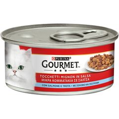 Υγρή Τροφή για Ενήλικες Γάτες Purina Gourmet  Μικρά κομματάκια Πέστροφας και Σολομού σε Σάλτσα 195 gr