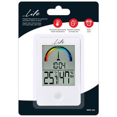 LIFE WES-101 Ψηφιακό θερμόμετρο / υγρόμετρο εσωτερικού χώρου με ρολόι και έγχρωμη απεικόνιση επιπέδου υγρασίας, σε λευκό χρώμα.