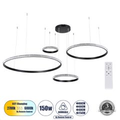 Κρεμαστό Φωτιστικό Δαχτυλίδι-Κύκλος LED DIAMOND TETRA CCT 150W 18379lm 360° AC 220-240V - Εναλλαγή Φωτισμού μέσω Τηλεχειριστηρίου All In One - Μαύρο