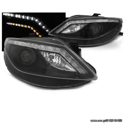 Μπροστινά Φανάρια Led Black Με Φώτα Ημέρας DRL Για Seat Ibiza 6J 2008-2012 " T-Tec "