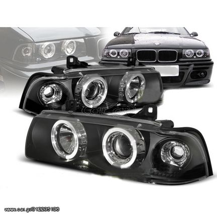 Μπροστινά Φανάρια Set Για Bmw 3 E36 90-99 Coupe / Cabrio Angel Eyes & Led Μαύρα H1/H1 Sonar