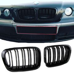 Carro Καρδιές Μάσκας Προφυλακτήρα Για Bmw 3 E46 98-01 Sedan/Touring/Compact M4 Look Με Διπλή Γρίλια Μαύρο Γυαλιστερό 2 Τεμάχια / CAR-3193