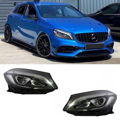 Μπροστινά Φανάρια Set Για Mercedes-Benz A-Class W176 12-18 Halogen Upgrade Σε Facelift Look Μαύρα Full Led DRL Με Μοτέρ