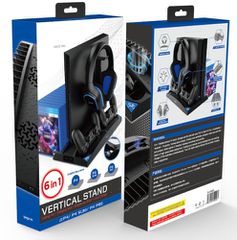 iPega PG-P4009 6 in 1 Multifunctional Vertical Stand with Dual Controller Charger Dual Cooling Fans Game Cards Storage Headset Stand Two Contact Adapters LED-Indicator Replacement for PS4/PS4 Slim/PS4