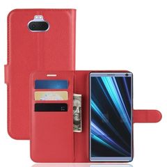 Θήκη Sony Xperia 10 Plus OEM Litchi Grain PU Leather με βάση στήριξης, υποδοχές καρτών και μαγνητικό κούμπωμα Flip Wallet δερματίνη κόκκινο