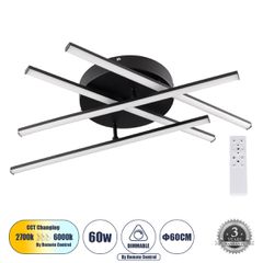 Μοντέρνο Φωτιστικό Οροφής LED 60W 7380lm 120° AC 220-240V IP20 Ρυθμιζόμενο Λευκό CCT με Χειριστήριο SMD Chip - Μαύρο Ματ - Μ60 x Π60 x Υ11cm