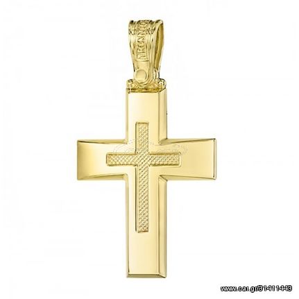 Σταυρός σε χρυσό Κ14 λουστραριστός και σχέδιο με σκάλισμα στην μέση για βάπτιση ή για αρραβώνα Διαστάσεις Σταυρού 32Χ18 χιλιοστά και βάρος 2.70 γραμμάρια