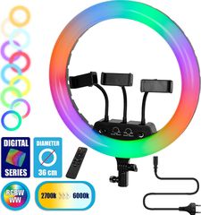 GloboStar Professional Digital Ring Light Φ36cm LED SMD 50W 5000lm 180° AC 230V με Καλώδιο Τροφοδοσίας Πρίζας - Ασύρματο Χειριστήριο RF 2.4Ghz Εναλλαγής Χρωμάτων & 3 Βάσεις Τηλεφώνου - Πολύχρωμο RGBW+