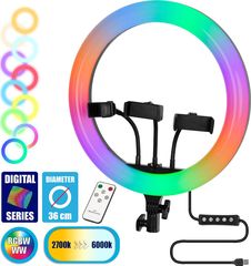 GloboStar Professional Digital Ring Light Φ36cm LED SMD 50W 5000lm 180° DC 5V με Καλώδιο Τροφοδοσίας USB - Ενσωματωμένο και Ασύρματο Χειριστήριο RF 2.4Ghz Εναλλαγής Χρωμάτων & 3 Βάσεις Τηλεφώνου - Πολ