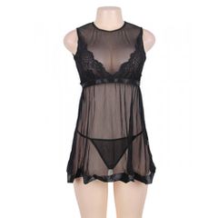 Flared Mesh Babydoll Set Black-thumb-1