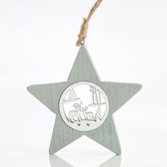 Ξύλινο στολίδι αστέρι μέντα-λευκό με σκαλιστούς τάρανδους - Eurolamp