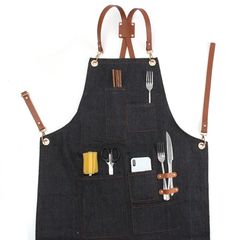 Ποδιά Jean Barista-Bartender Με Δερμάτινο Δέσιμο One Size