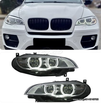 ΦΑΝΑΡΙΑ ΕΜΠΡΟΣ LED Headlights Xenon Angel Eyes 3D Dual Halo Rims BMW X6 E71 (2008-2012) Black.