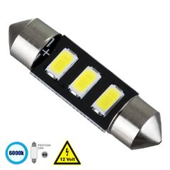 GloboStar® 81302 Λάμπα Αυτοκίνητου 36mm FESTOON - C5W LED 3 SMD 5630 1.5W 225lm 120° DC 12V IP20 Ψυχρό Λευκό 6000K