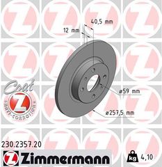 Δισκόπλακα ZIMMERMANN 230235720 για Fiat 500 900cc 86ps 2010