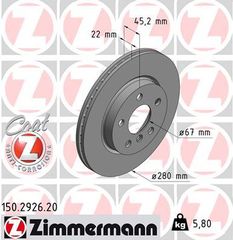 Δισκόπλακα ZIMMERMANN 150292620 για Mini Cooper F55 1200cc One 75ps 2014 2017