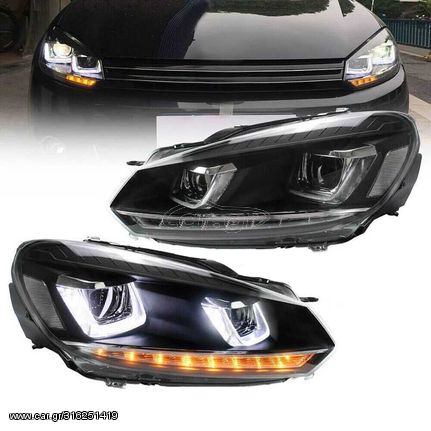 Μπροστινά Φανάρια Set Για Vw Golf VΙ (6) 08-12 DRL U-Type & Dynamic Φλας Μαύρα H7/H7 Με Μοτέρ VLand 495€ με φπα 