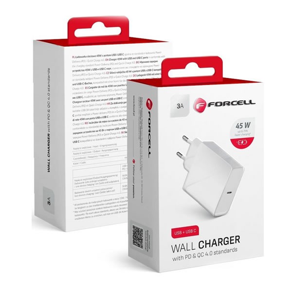 Travel Charger FORCELL with USB type C socket - 3A 45W with PD and Quick Charge 4.0 function