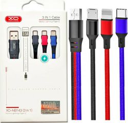 XO NB143 Υφασμάτινο καλώδιο 3 σε 1 (USB σε Lightning / Type-C / micro USB) Πολύχρωμο 1.2m