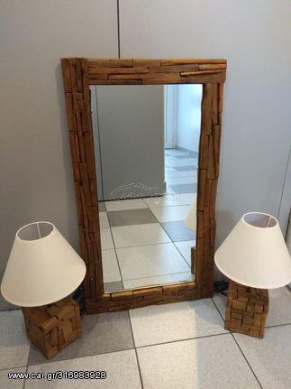 Χειροποίητος ξύλινος καθρέφτης με δύο πορτατίφ