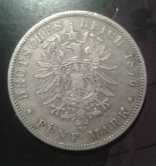 FUNF (5) MARK  B  1876  , PRUSSIA  ,GERMANY  STATES 